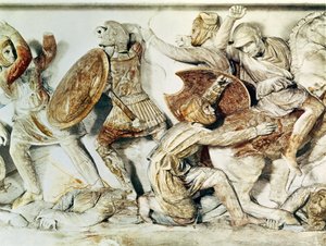 El sarcófago de Alejandro que representa una escena de batalla, c.325-300 a.C.